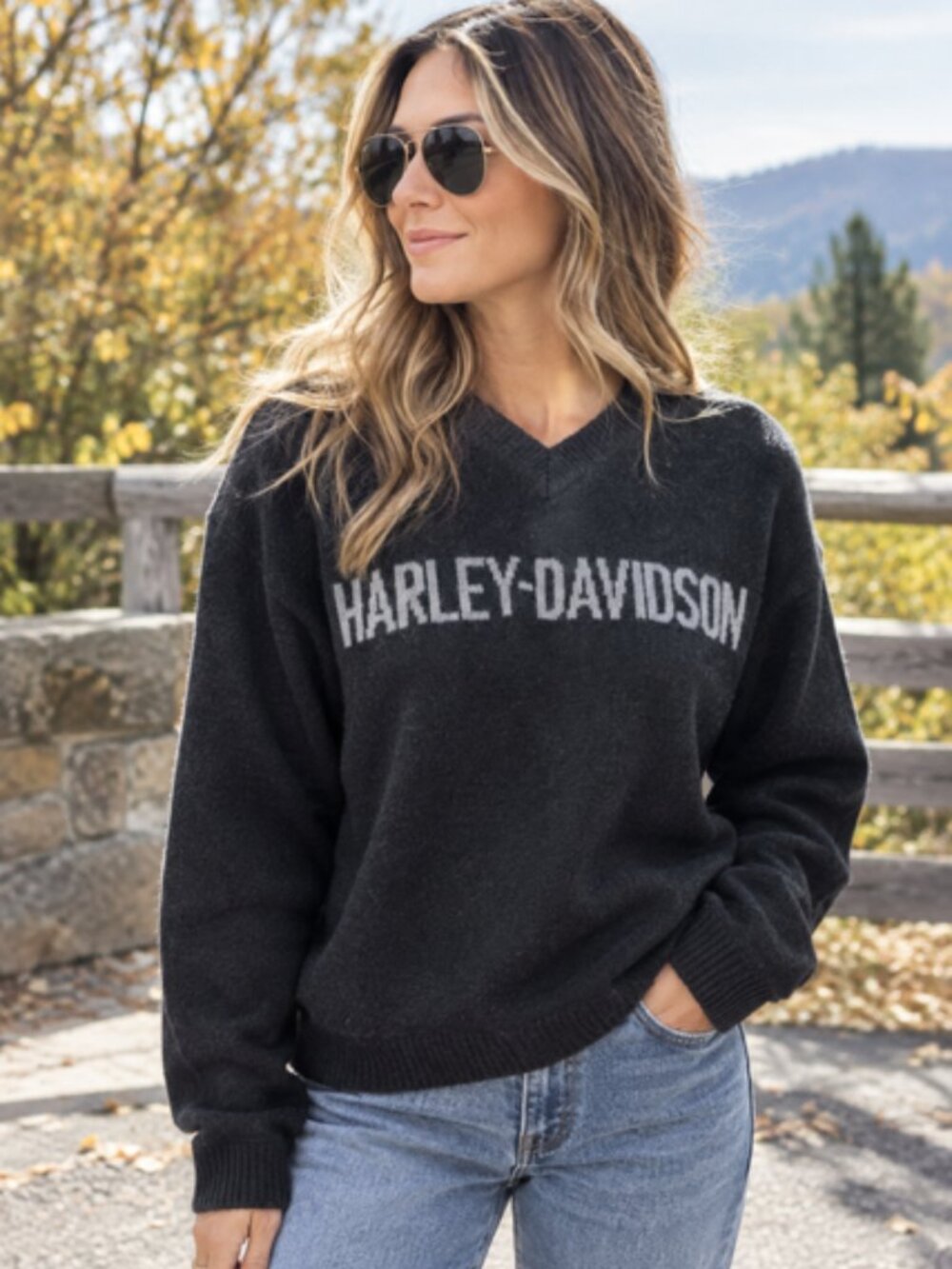 Vintage Y2K Harley-Davidson Women’s XL Knit Wool Mohair Sweater Black Gray Logo